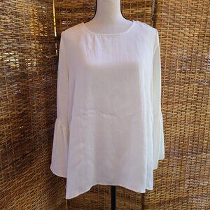 Zara Basic Satin Blouse White Long Sleeve Bell Sleeve SZ XL Keyhole Back Boho